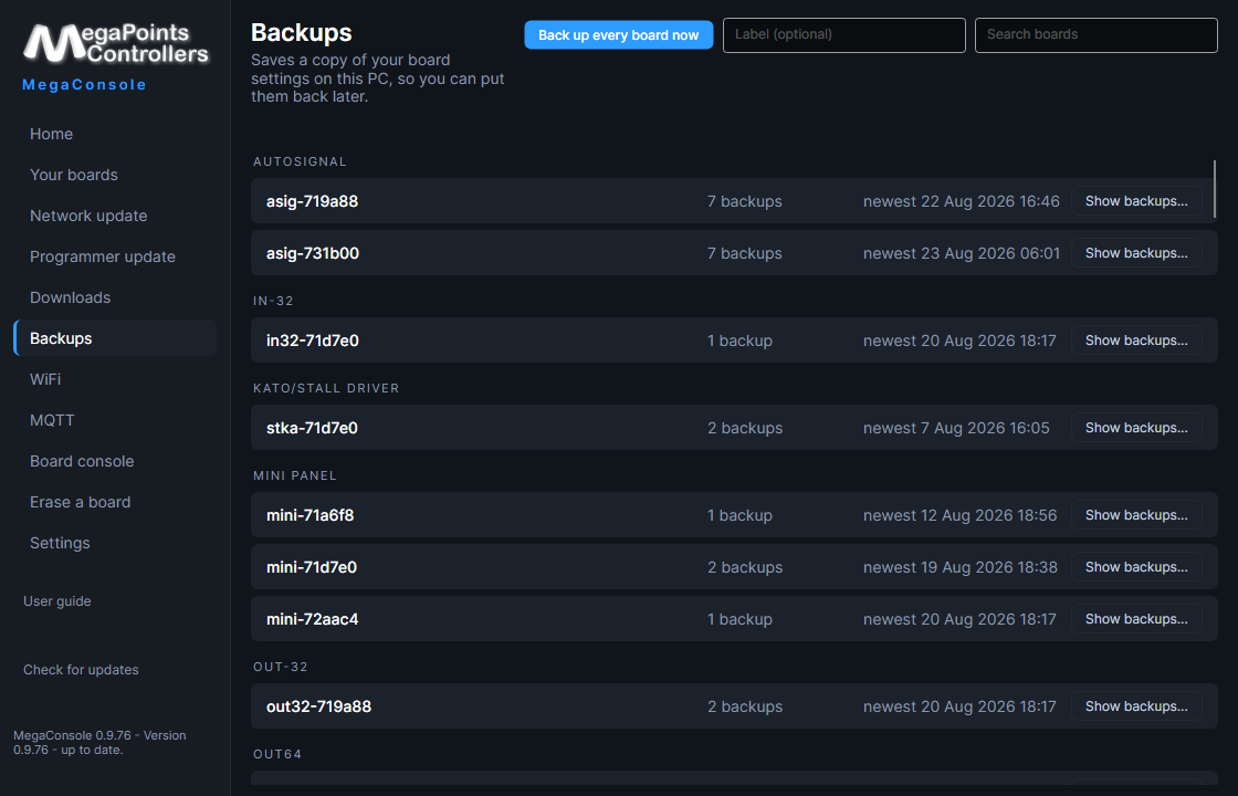 The MegaConsole Backups page listing dated backups of the whole layout with Restore buttons