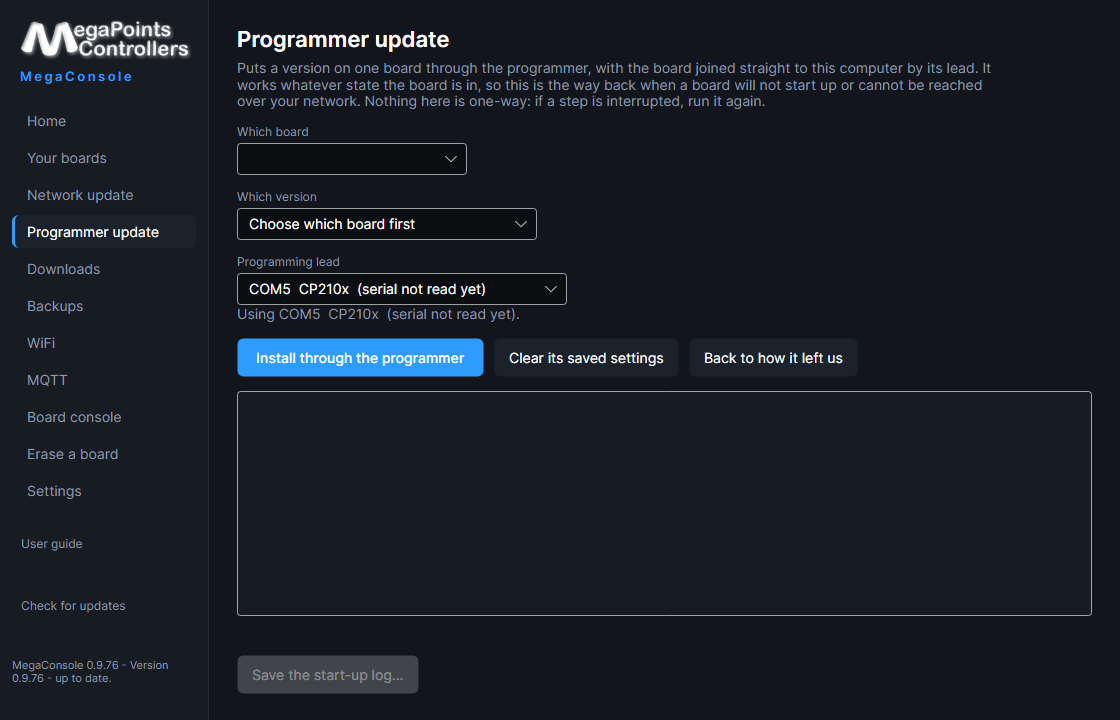 Step one of the MegaConsole board recovery guide, asking which board is on the bench