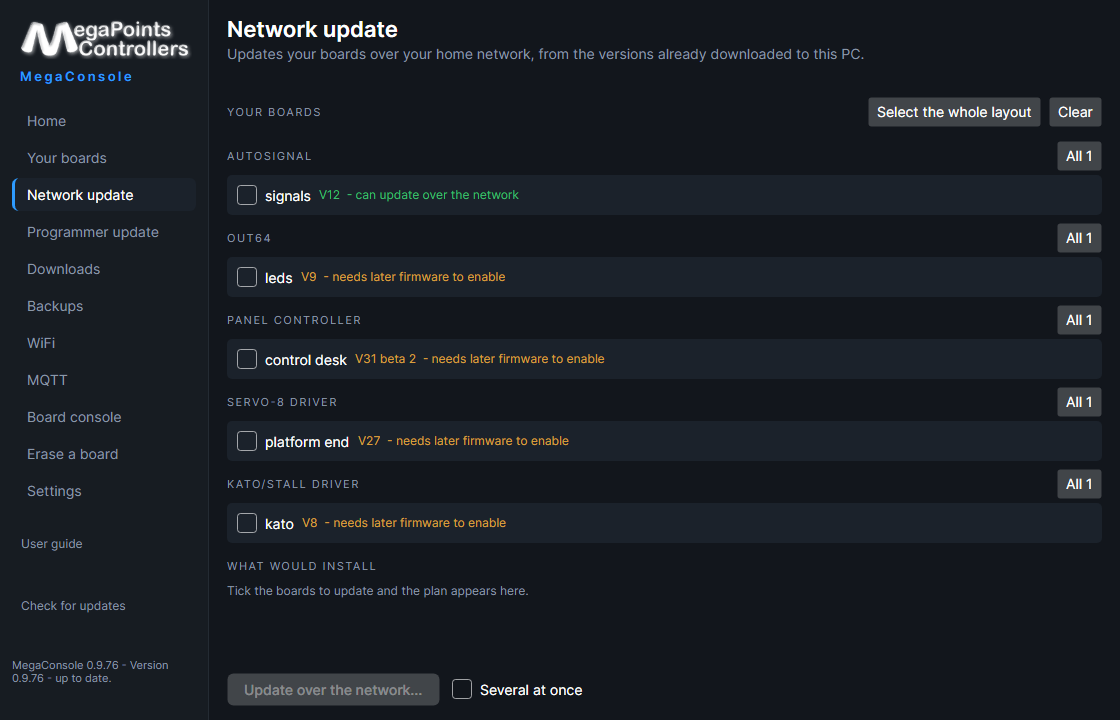 The MegaConsole Update boards page with the whole layout ticked and the plan of what would be installed