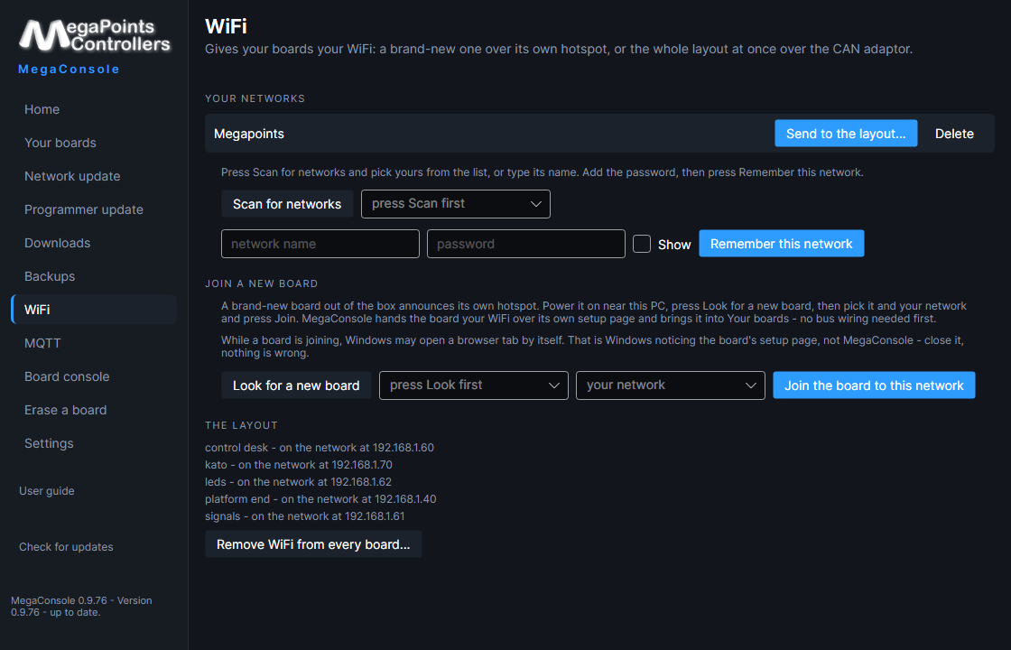 The MegaConsole WiFi page, with a saved network and a Send to the layout button