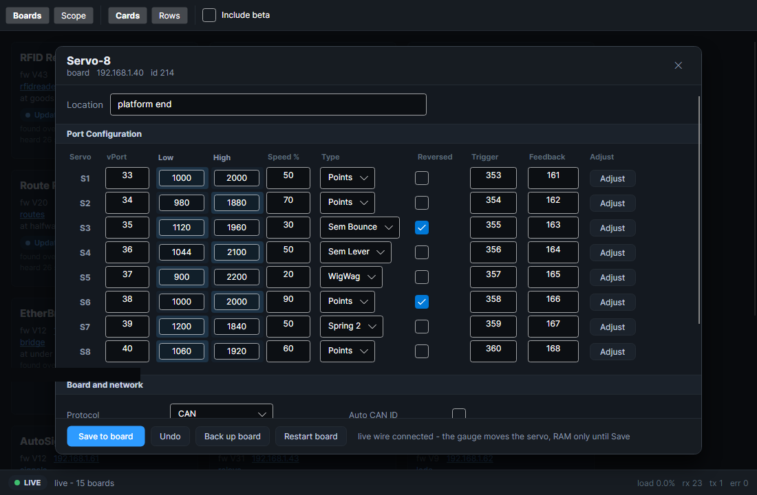 A Servo-8 board settings page inside MegaConsole, showing travel limits, speed and type for eight servos