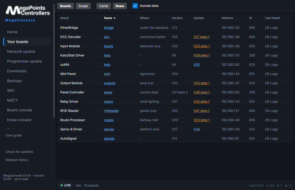 The same boards as a table, with an Update column offering a newer version against each one