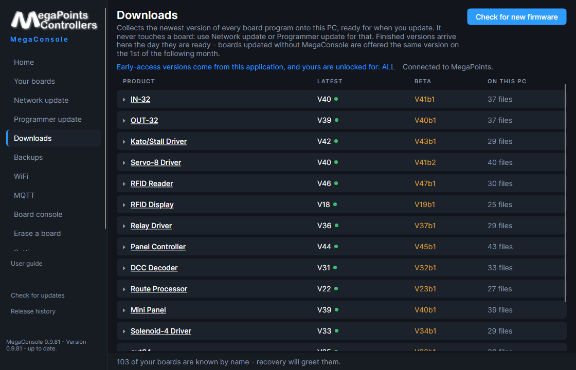The Downloads screen listing every System 2 product and how many versions are held on this PC