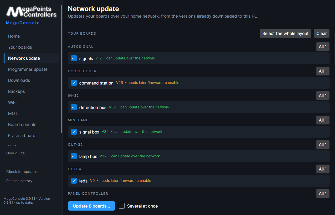 The Network update screen, with boards marked either can update over the network or needs later firmware to enable