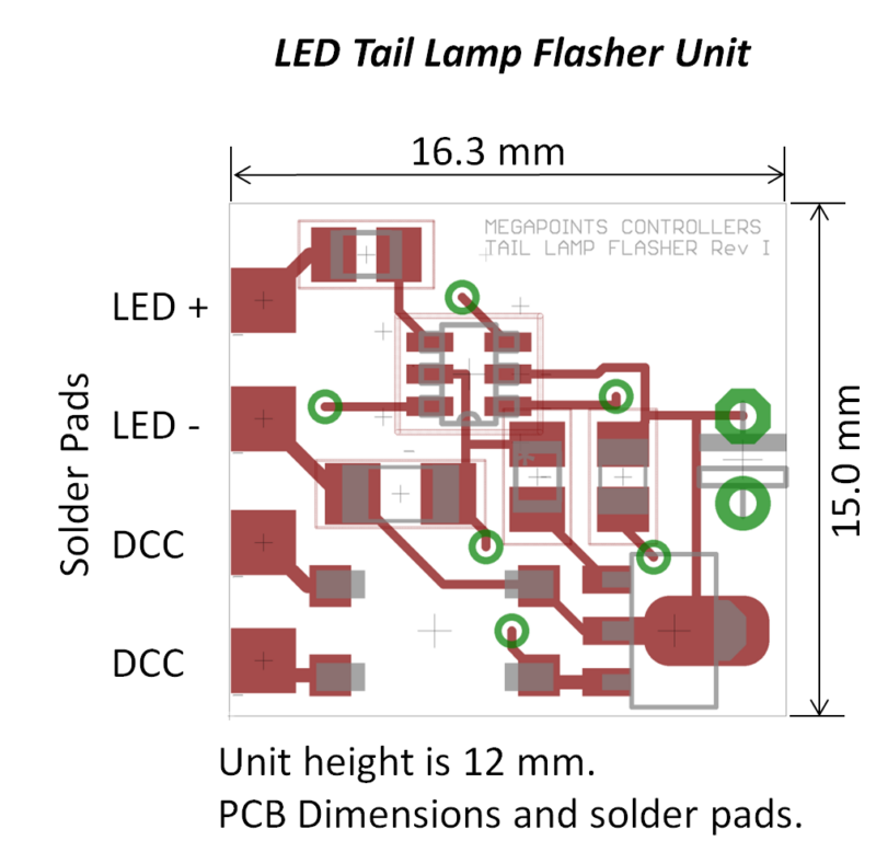 LED Tail Flasher Dimensions and solder pads.