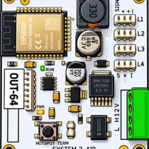 Illustrated System2 OUT-64 board showing its four LED connectors and power terminals