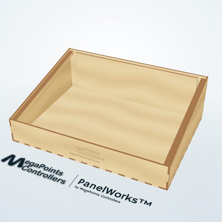 An open PanelWorks plywood enclosure with a sloping top, the MegaPoints logo engraved on its front