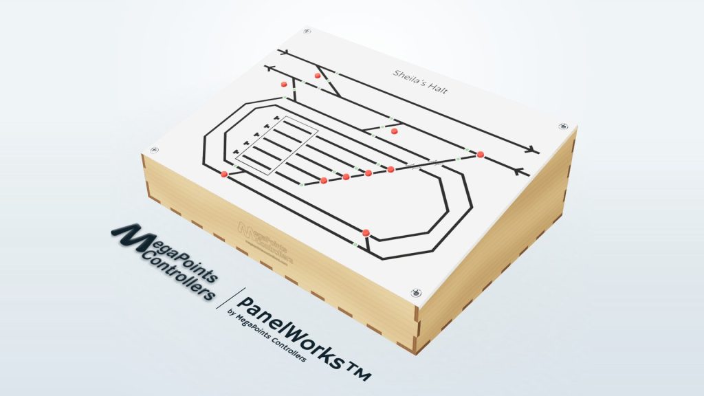 Sheila's Halt, a PanelWorks mimic panel with its buttons and LEDs on the track plan, sitting in its sloping plywood enclosure with the MegaPoints logo engraved on the front