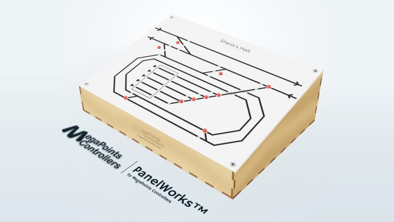 Sheila's Halt, a PanelWorks mimic panel with its buttons and LEDs on the track plan, sitting in its sloping plywood enclosure with the MegaPoints logo engraved on the front