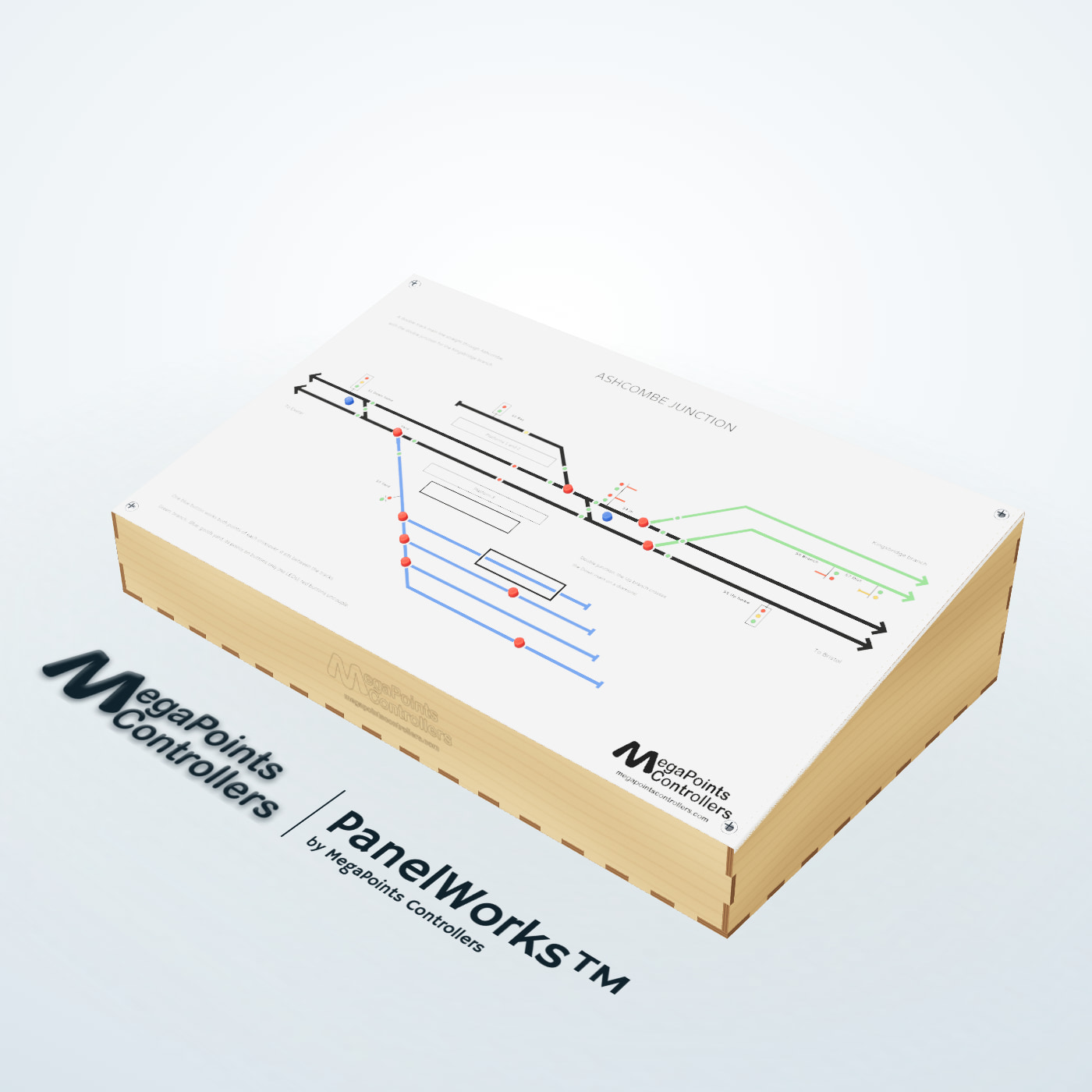 Ashcombe Junction, a 500 x 300 mm sample PanelWorks mimic panel: a double-track main line straight through a station, with a double junction for a branch and a goods yard, in its sloping plywood enclosure