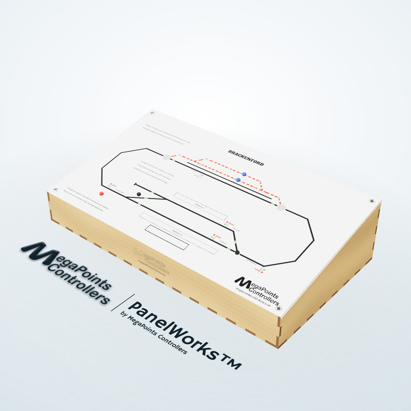 Brackenford, a 450 x 250 mm sample PanelWorks mimic panel: a single-line oval with a station loop and hidden storage loops, in its sloping plywood enclosure