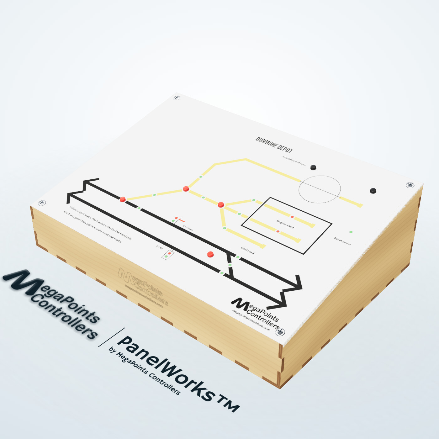 Dunmore Depot, a 350 x 250 mm sample PanelWorks mimic panel on a 25 mm grid: a double-track main line with an engine depot, in its sloping plywood enclosure
