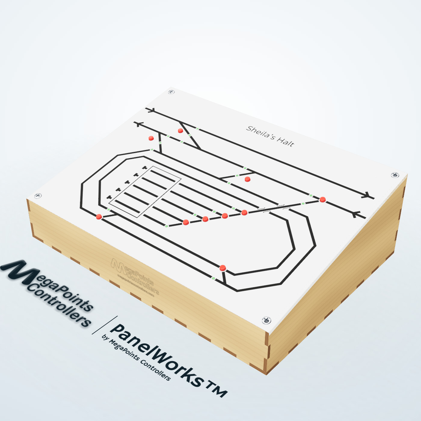 Sheila's Halt, a PanelWorks mimic panel with its buttons and LEDs on the track plan, sitting in its sloping plywood enclosure with the MegaPoints logo engraved on the front