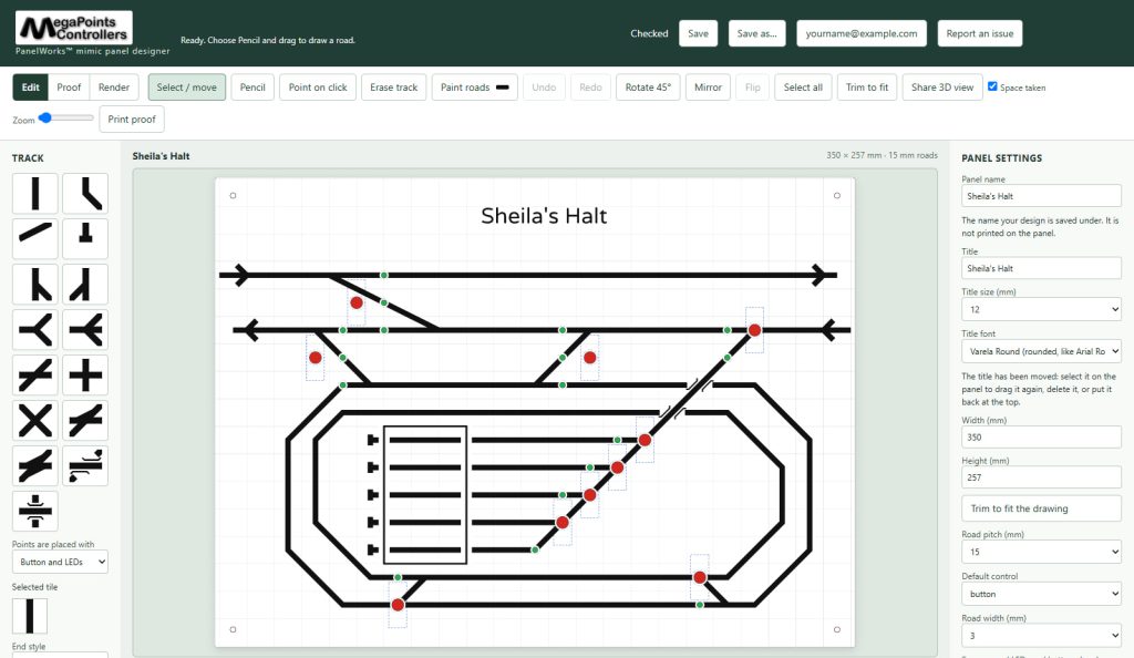 Sheila's Halt open in the PanelWorks mimic panel designer: the track pieces on the left, the panel in the middle and its settings on the right