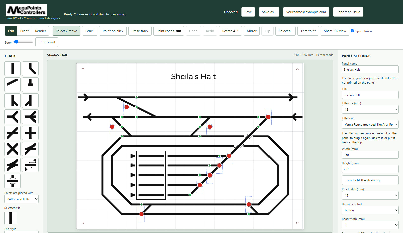 Sheila's Halt open in the PanelWorks mimic panel designer: the track pieces on the left, the panel in the middle and its settings on the right